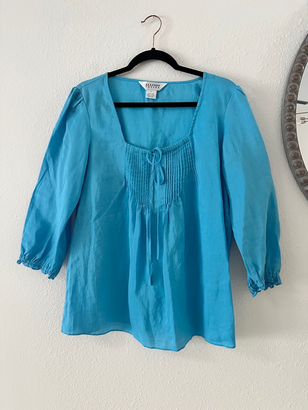 Allison Taylor Turquoise Blue Pintuck Peasant Blouse